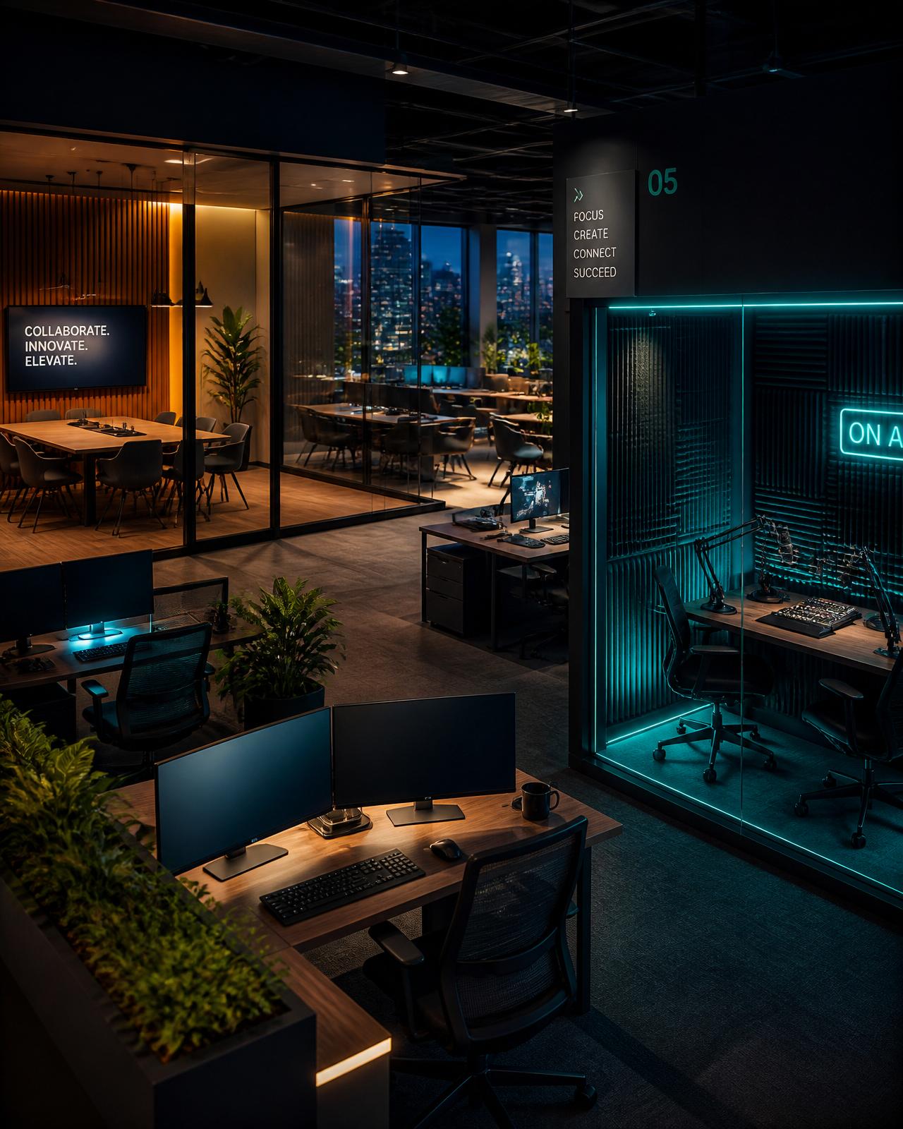 Ambiente moderno de coworking com salas de reunião, estúdio de podcast e estações de trabalho